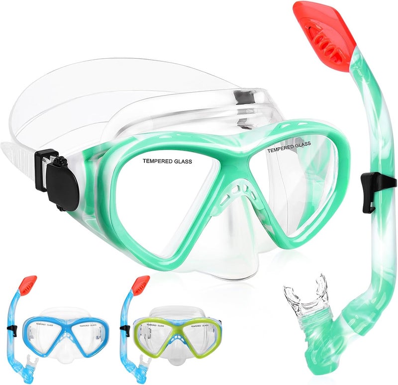 ACQCES Kids Snorkel Set Dry Top Snorkeling Gear for Kids Youth Boys Girls Junior Age 5-15,Tempered Glass Swimming Diving Mask and Snorkel Set 180 Degree Panoramic View - Image 1
